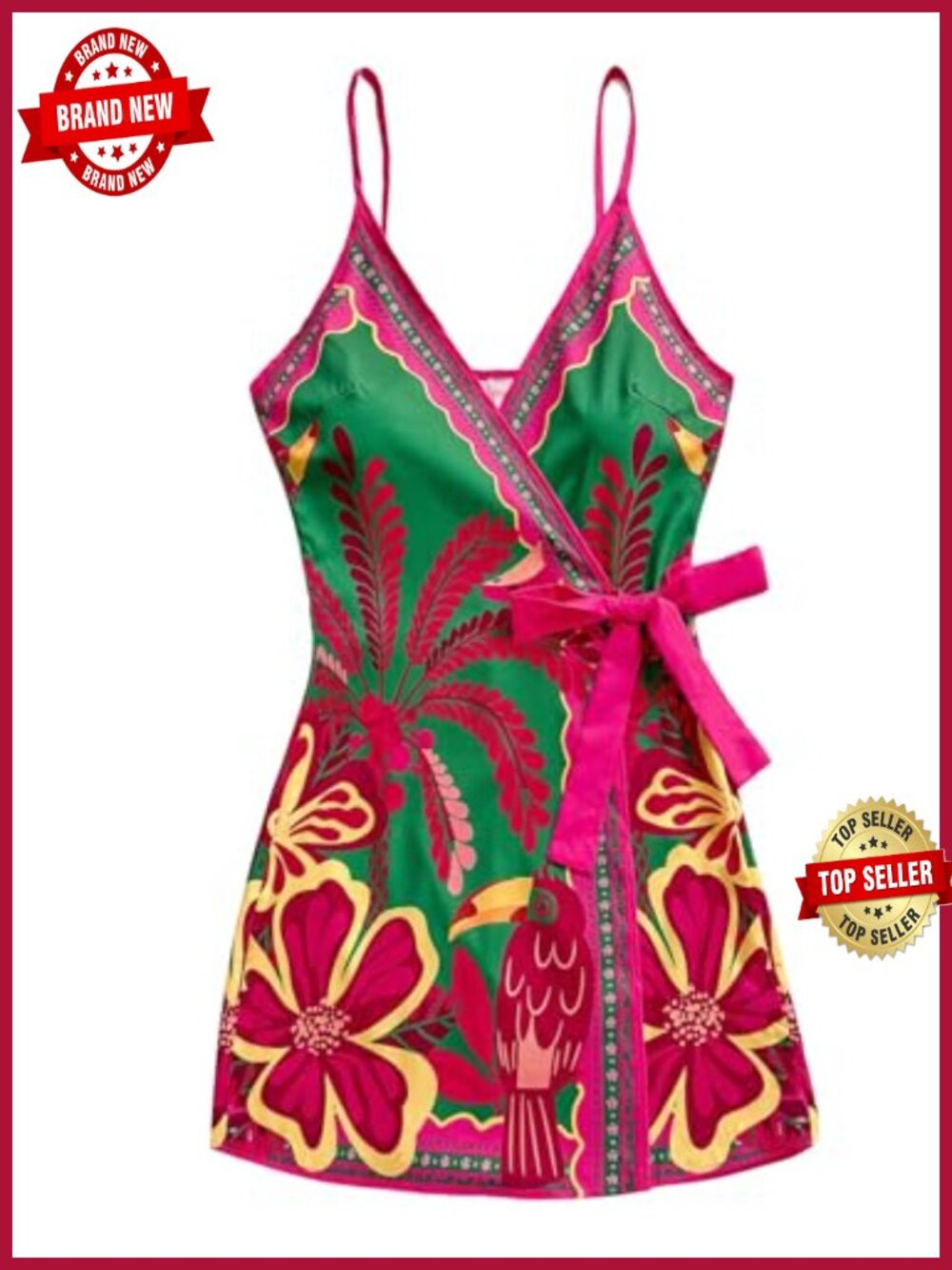 Women's Tropical Print Wrap V Neck Sleeveless Mini Dress